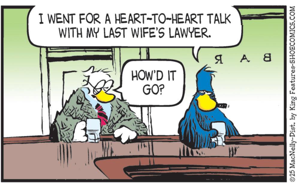 Fictional character OCR: I WENT FOR A HEART-TO-HEART TALK WITH MY LAST WIFE'S LAWYER. HOW'D IT GO? ? ? 8 ©25 MacNelly-Dist. by King Features-SHOECOMICS.COM I WENT FOR A HEART - TO - HEART TALK WITH MY LAST WIFE'S LAWYER . HOW'D IT GO ? ? ? 8 © 25 MacNelly - Dist . by King Features-SHOECOMICS.COM