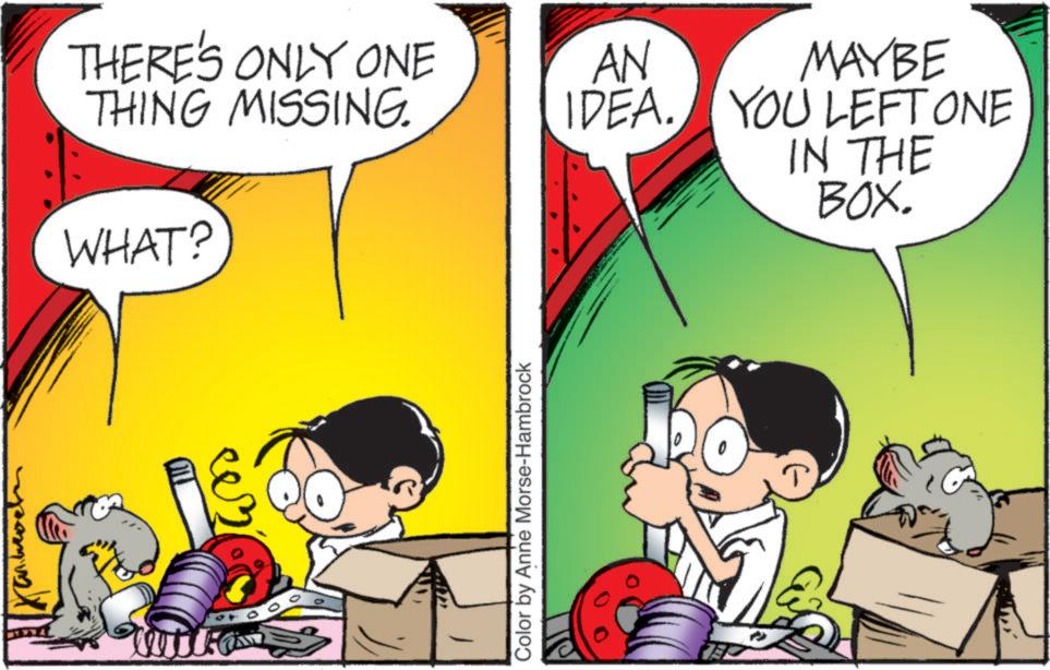 Comic book OCR: ??????? THERE'S ONLY ONE THING MISSING. AN IDEA. WHAT? 40 Color by Anne Morse-Hambrock MAYBE YOU LEFT ONE IN THE BOX. P ??????? THERE'S ONLY ONE THING MISSING . AN IDEA . WHAT ? 40 Color by Anne Morse - Hambrock MAYBE YOU LEFT ONE IN THE BOX . P
