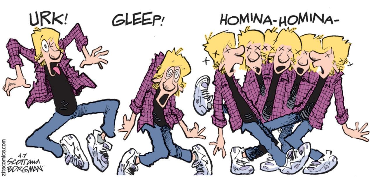 Fictional character OCR: zitscomics.com 4.7 SCOTT and BORGMAN URK! GLEEP! HOMINA-HOMINA- zitscomics.com 4.7 SCOTT and BORGMAN URK ! GLEEP ! HOMINA - HOMINA-