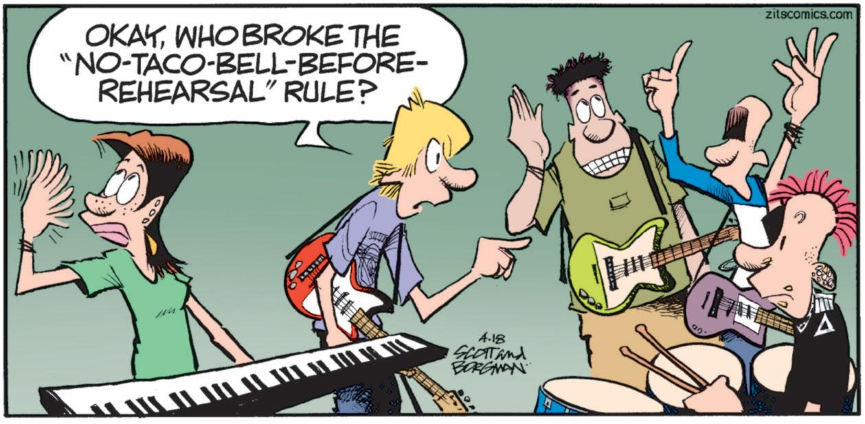 Electric guitar OCR: OKAYWHO BROKE THE "NO-TACO-BELL-BEFORE- REHEARSAL" RULE? zitscomics.com 4.18 Scottand BORGMAN OKAYWHO BROKE THE " NO - TACO - BELL - BEFORE- REHEARSAL " RULE ? zitscomics.com 4.18 Scottand BORGMAN