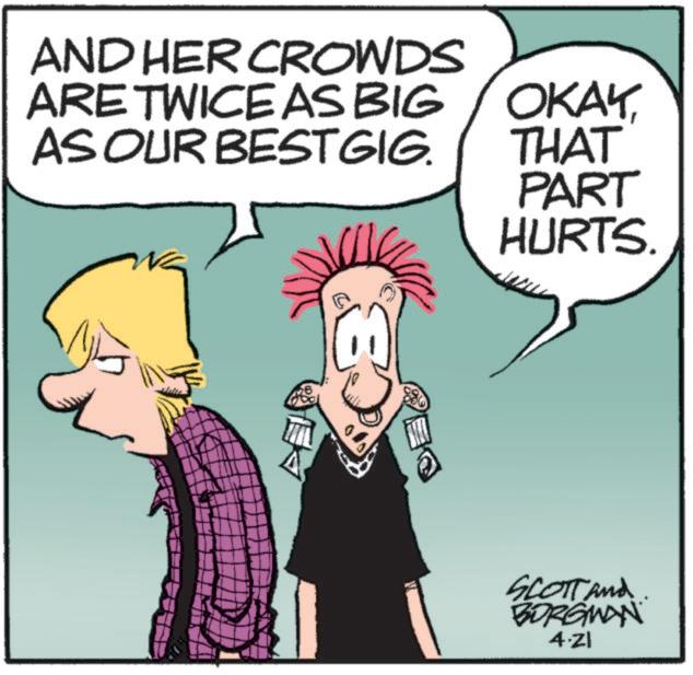 Graphics OCR: AND HER CROWDS ARE TWICE AS BIG /OKAKAS OUR BESTGIG. THAT PART HURTS. SCOTT and. BORGMAN 4.21 AND HER CROWDS ARE TWICE AS BIG / OKAKAS OUR BESTGIG . THAT PART HURTS . SCOTT and . BORGMAN 4.21
