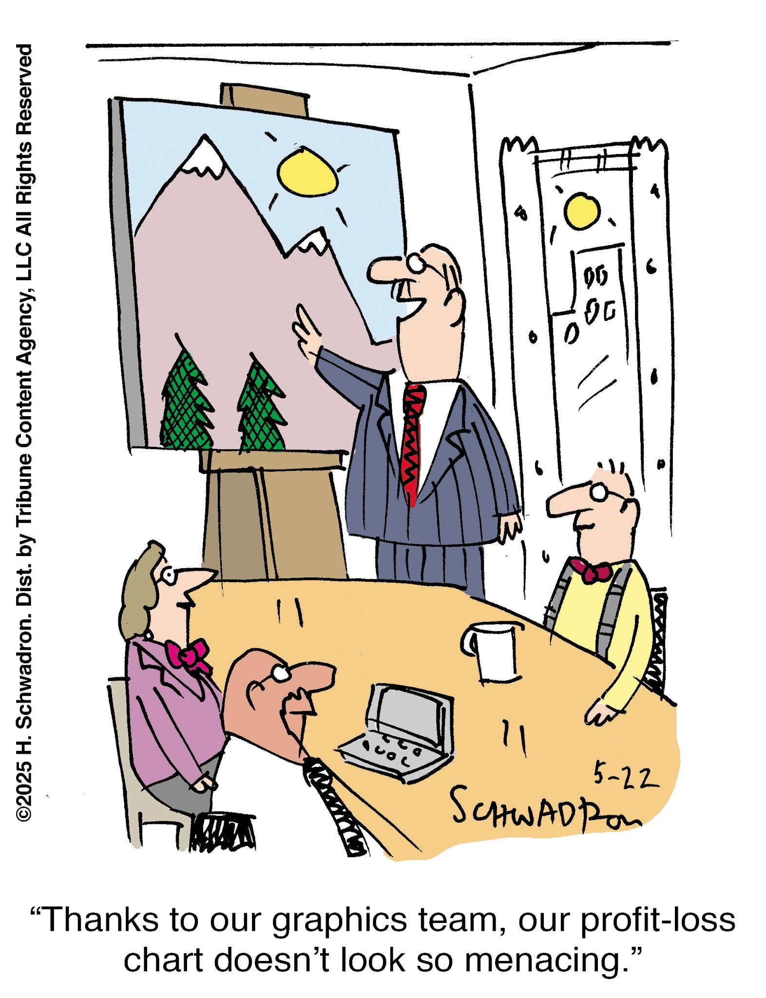 Debate OCR: ©2025 H. Schwadron. Dist. by Tribune Content AgencyLLC All Rights Reserved ?? 11 g. 00 5-22 || SCHWADRO "Thanks to our graphics teamour profit-loss chart doesn't look so menacing." © 2025 H. Schwadron . Dist . by Tribune Content AgencyLLC All Rights Reserved ?? 11 g . 00 5-22 || SCHWADRO " Thanks to our graphics teamour profit - loss chart doesn't look so menacing . "