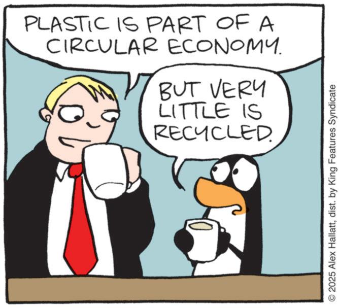 Animated cartoon OCR: PLASTIC IS PART OF A CIRCULAR ECONOMY. BUT VERY LITTLE IS RECYCLED. 2025 Alex Hallattdist. by King Features Syndicate PLASTIC IS PART OF A CIRCULAR ECONOMY . BUT VERY LITTLE IS RECYCLED . 2025 Alex Hallattdist . by King Features Syndicate