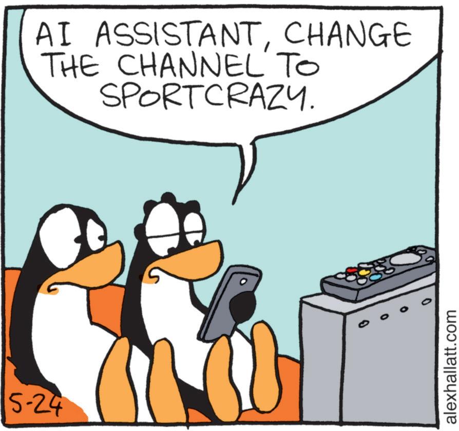 Animated cartoon OCR: AI ASSISTANTCHANGE THE CHANNEL TO SPORTCRAZY. 5-24 0 ? alexhallatt.com AI ASSISTANTCHANGE THE CHANNEL TO SPORTCRAZY . 5-24 0 ? alexhallatt.com