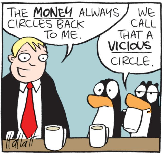 Fictional character OCR: THE MONEY ALWAYS CIRCLES BACK TO ME. WE CALL THAT A VICIOUS CIRCLE. Malat THE MONEY ALWAYS CIRCLES BACK TO ME . WE CALL THAT A VICIOUS CIRCLE . Malat