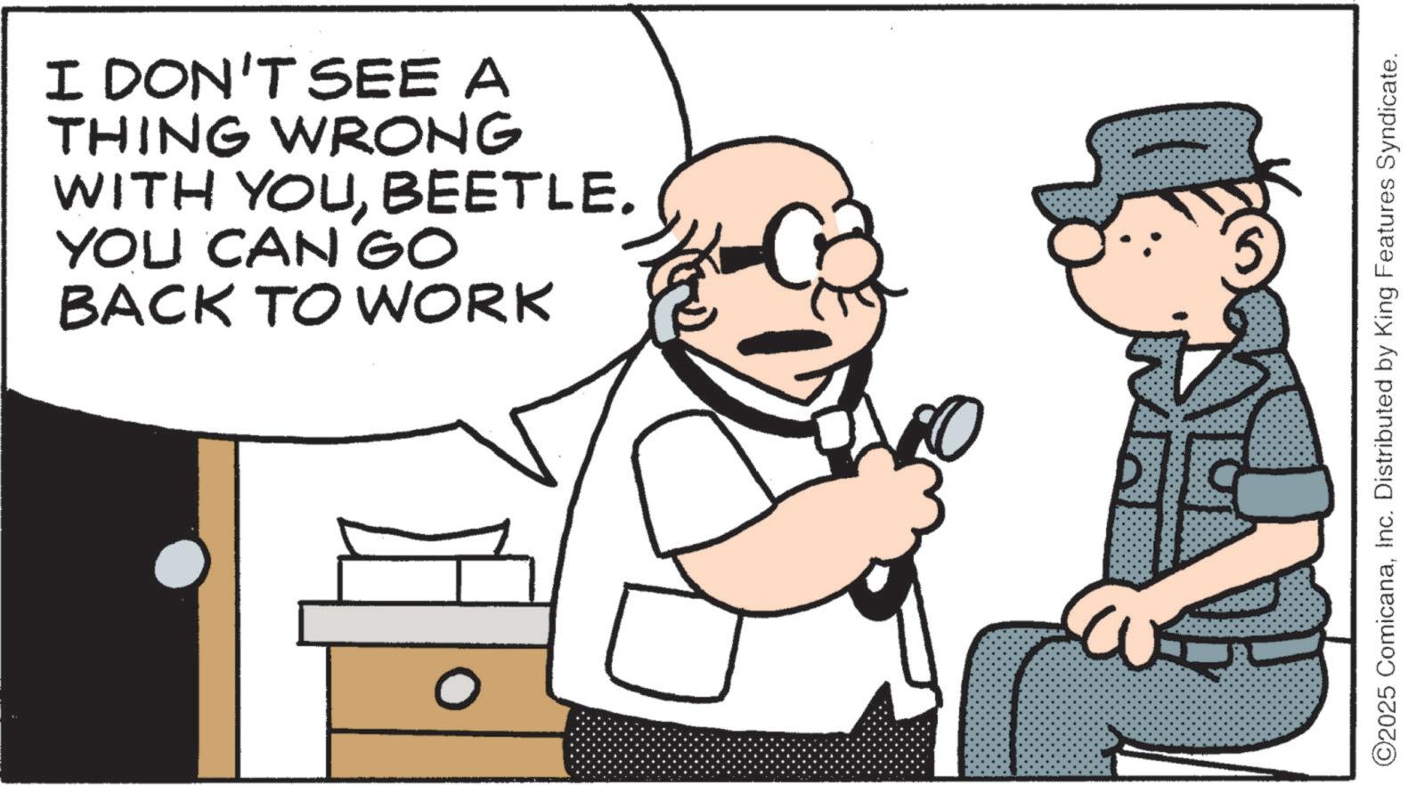Photo caption OCR: I DON'T SEE A THING WRONG WITH YOUBEETLE. YOU CAN GO BACK TO WORK O ©2025 ComicanaInc. Distributed by King Features Syndicate. I DON'T SEE A THING WRONG WITH YOUBEETLE . YOU CAN GO BACK TO WORK O © 2025 ComicanaInc. Distributed by King Features Syndicate .