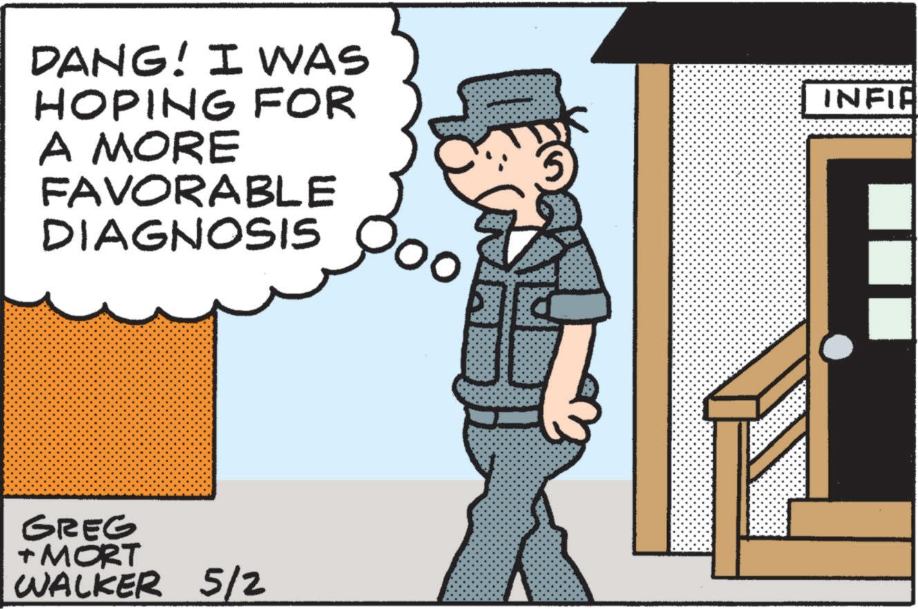 Animated cartoon OCR: DANG! I WAS HOPING FOR A MORE FAVORABLE DIAGNOSIS GREG + MORT WALKER 5/2 INFIE DANG ! I WAS HOPING FOR A MORE FAVORABLE DIAGNOSIS GREG + MORT WALKER 5/2 INFIE