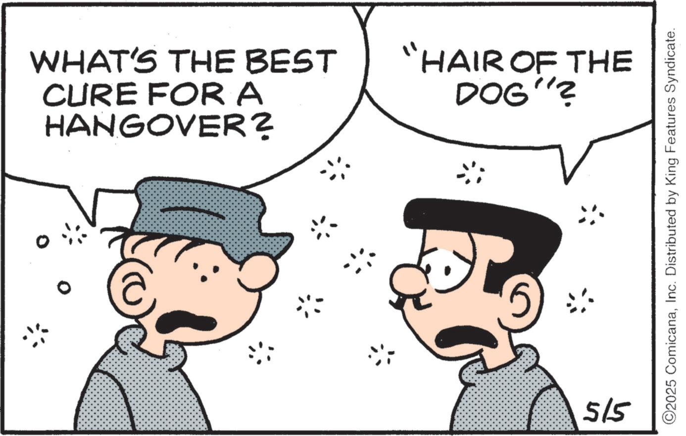 Photo caption OCR: 0 WHAT'S THE BEST CURE FOR A HANGOVER? "HAIR OF THE DOG"? 515 ©2025 ComicanaInc. Distributed by King Features Syndicate. 0 WHAT'S THE BEST CURE FOR A HANGOVER ? " HAIR OF THE DOG " ? 515 © 2025 ComicanaInc. Distributed by King Features Syndicate .