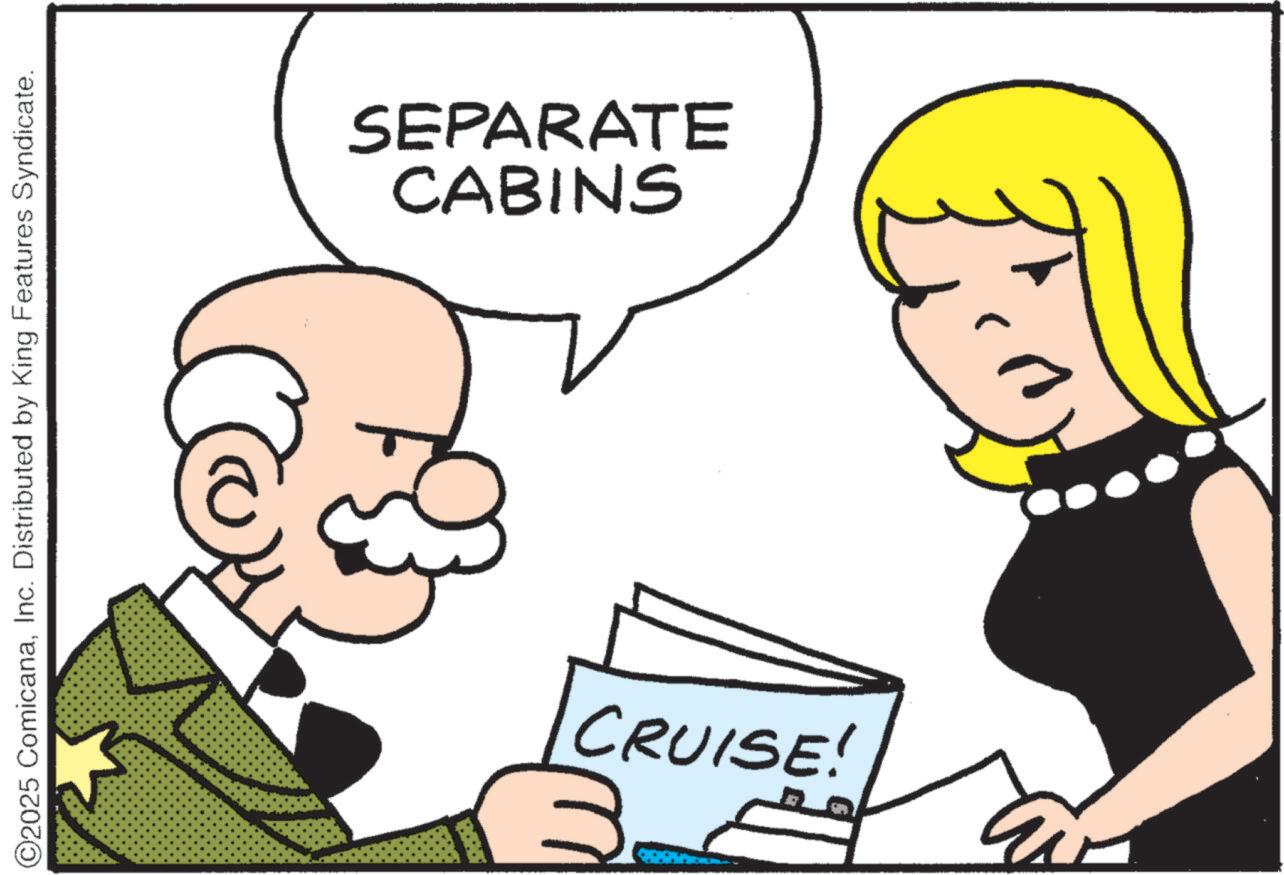 Graphics OCR: ©2025 ComicanaInc. Distributed by King Features Syndicate. CABINS SEPARATE CRUISE! © 2025 ComicanaInc. Distributed by King Features Syndicate . CABINS SEPARATE CRUISE !