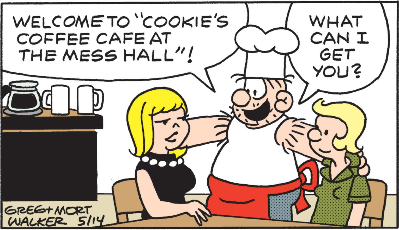 Animated cartoon OCR: WELCOME TO "COOKIE'S COFFEE CAFE AT THE MESS HALL"! GREE+ MORT WALKER 5/14 WHAT CAN I GET YOU? WELCOME TO " COOKIE'S COFFEE CAFE AT THE MESS HALL " ! GREE + MORT WALKER 5/14 WHAT CAN I GET YOU ?
