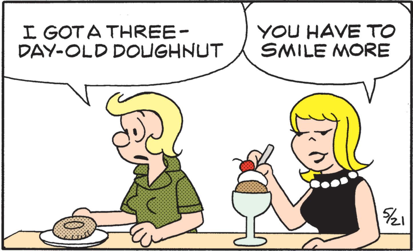 Animation OCR: I GOT A THREE- DAY-OLD DOUGHNUT YOU HAVE TO SMILE MORE 5/21 I GOT A THREE- DAY - OLD DOUGHNUT YOU HAVE TO SMILE MORE 5/21