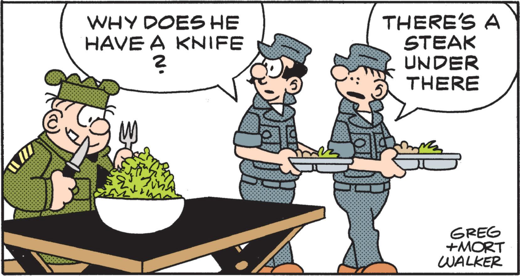 Fiction OCR: WHY DOES HE HAVE A KNIFE N. THERE'S A STEAK UNDER THERE GREG +MORT WALKER WHY DOES HE HAVE A KNIFE N. THERE'S A STEAK UNDER THERE GREG + MORT WALKER