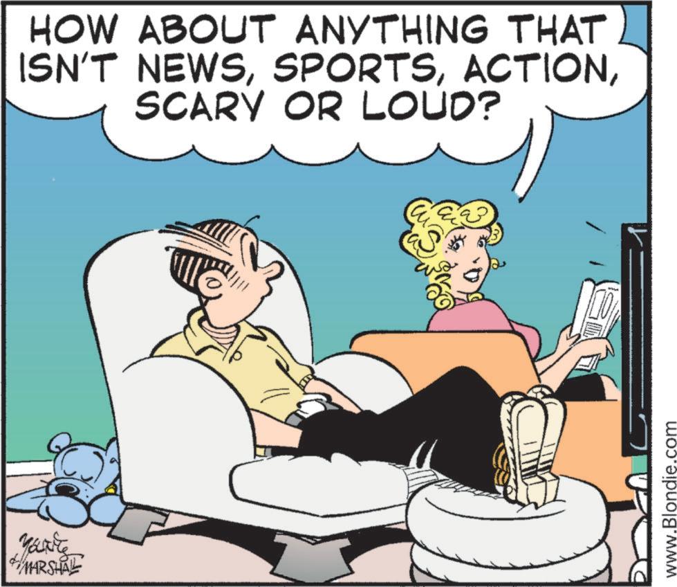 Photo caption OCR: You're MARSHAL HOW ABOUT ANYTHING THAT ISN'T NEWSSCARY OR LOUD? wd www.Blondie.com You're MARSHAL HOW ABOUT ANYTHING THAT ISN'T NEWSSCARY OR LOUD ? wd www.Blondie.com