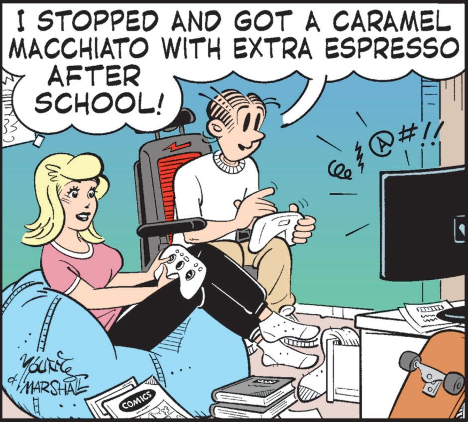 Animated cartoon OCR: I STOPPED AND GOT A CARAMEL MACCHIATO WITH EXTRA ESPRESSO AFTER SCHOOL! @#!! C & ? Youkite MARSHAL COMICS 000 00 - I STOPPED AND GOT A CARAMEL MACCHIATO WITH EXTRA ESPRESSO AFTER SCHOOL ! @ # !! C & ? Youkite MARSHAL COMICS 000 00 -