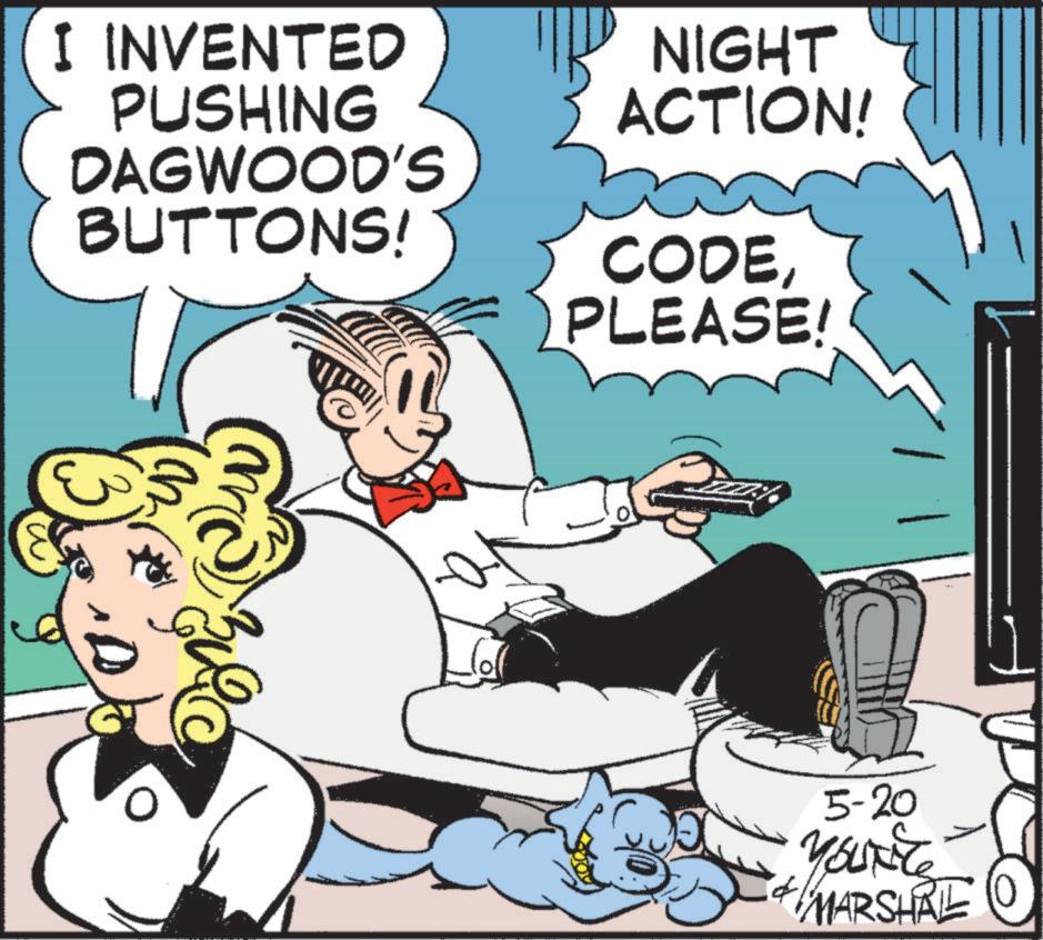 Comic book OCR: I INVENTED PUSHING DAGWOOD'S NIGHT ACTION! BUTTONS! CODEPLEASE! (3) 5-20 YOURTS MARSHAL I INVENTED PUSHING DAGWOOD'S NIGHT ACTION ! BUTTONS ! CODEPLEASE ! ( 3 ) 5-20 YOURTS MARSHAL
