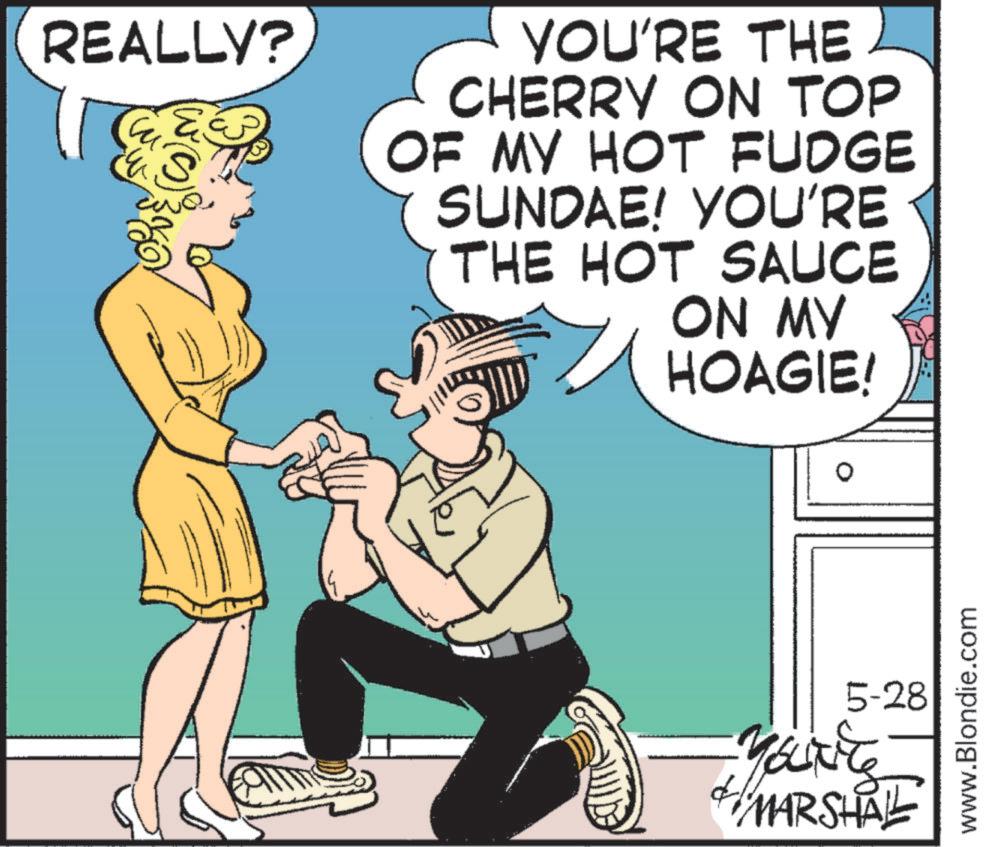 Photo caption OCR: REALLY? YOU'RE THE CHERRY ON TOP OF MY HOT FUDGE SUNDAE! YOU'RE THE HOT SAUCE ON MY HOAGIE! ? 5-28 MARSHALL www.Blondie.com REALLY ? YOU'RE THE CHERRY ON TOP OF MY HOT FUDGE SUNDAE ! YOU'RE THE HOT SAUCE ON MY HOAGIE ! ? 5-28 MARSHALL www.Blondie.com