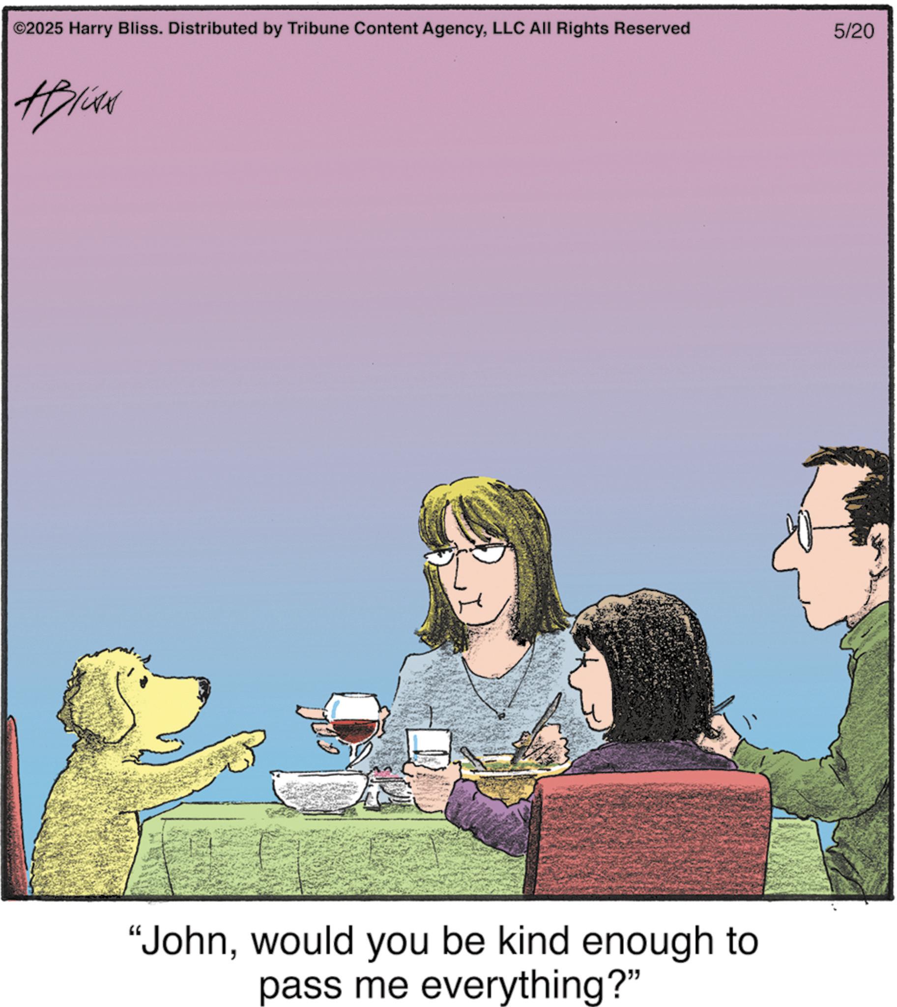 Photo caption OCR: ©2025 Harry Bliss. Distributed by Tribune Content AgencyLLC All Rights Reserved 5/20 Aliss "Johnwould you be kind enough to pass me everything?" © 2025 Harry Bliss . Distributed by Tribune Content AgencyLLC All Rights Reserved 5/20 Aliss " Johnwould you be kind enough to pass me everything ? "