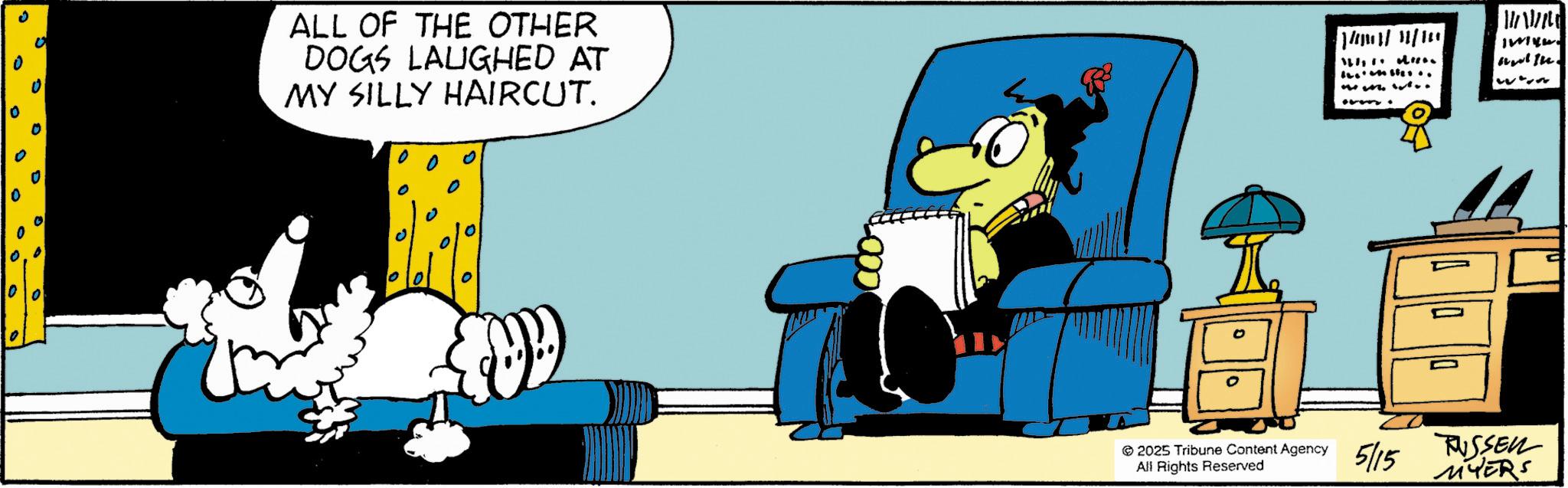 Comic book OCR: 0 ° 0 ALL OF THE OTHER DOGS LAUGHED AT MY SILLY HAIRCUT. 0 All Rights Reserved 2025 Tribune Content Agency 5/15 RISSEVE MYERS Ile. 0 ° 0 ALL OF THE OTHER DOGS LAUGHED AT MY SILLY HAIRCUT . 0 All Rights Reserved 2025 Tribune Content Agency 5/15 RISSEVE MYERS Ile .