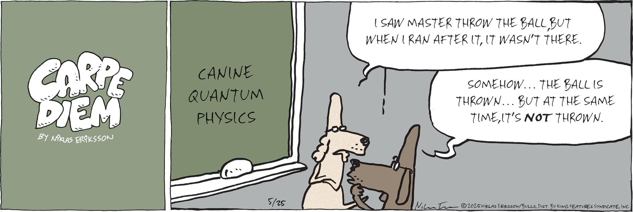 Handwriting OCR: CARPE DIEM BY NIKLAS ERIKSSON CANINE QUANTUM PHYSICS 13. I SAW MASTER THROW THE BALLBUT WHEN I RAN AFTER ITIT WASN'T THERE. SOMEHOW... THE BALL IS THROWN... BUT AT THE SAME TIMEIT'S NOT THROWN. 5/25 D NT 2025 NIKLAS ERIKSSON/BULLSINC. CARPE DIEM BY NIKLAS ERIKSSON CANINE QUANTUM PHYSICS 13 . I SAW MASTER THROW THE BALLBUT WHEN I RAN AFTER ITIT WASN'T THERE . SOMEHOW ... THE BALL IS THROWN ... BUT AT THE SAME TIMEIT'S NOT THROWN . 5/25 D NT 2025 NIKLAS ERIKSSON / BULLSDIST . BY KING FEATURES SYNDICATEINC .