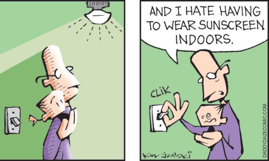 Diagram OCR: AND I HATE HAVING TO WEAR SUNSCREEN INDOORS. e CLIK Kovaleski DADDYDAZECOMIC.COM AND I HATE HAVING TO WEAR SUNSCREEN INDOORS . e CLIK Kovaleski DADDYDAZECOMIC.COM