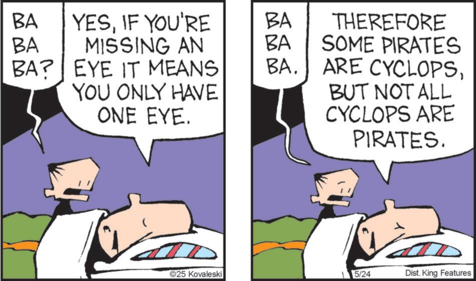 Graphics OCR: BA YESIF YOU'RE BA BA MISSING AN BA THEREFORE SOME PIRATES BA? EYE IT MEANS BA. ARE CYCLOPSYOU ONLY HAVE ONE EYE. BUT NOT ALL CYCLOPS ARE PIRATES. @25 Kovaleski 5/24 Dist. King Features BA YESIF YOU'RE BA BA MISSING AN BA THEREFORE SOME PIRATES BA ? EYE IT MEANS BA . ARE CYCLOPSYOU ONLY HAVE ONE EYE . BUT NOT ALL CYCLOPS ARE PIRATES . @ 25 Kovaleski 5/24 Dist . King Features