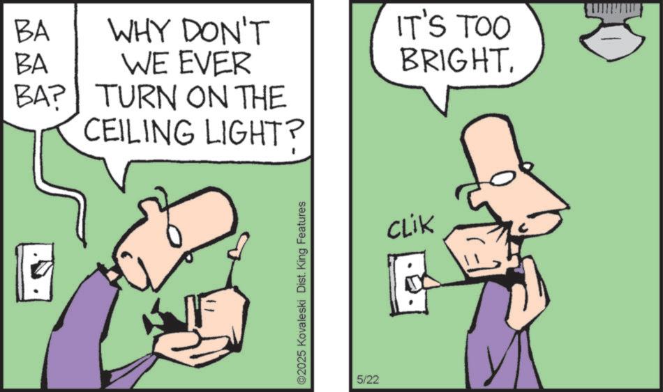 Diagram OCR: BA WHY DON'T BA WE EVER BA? TURN ON THE CEILING LIGHT? ©2025 Kovaleski Dist. King Features 5/22 CLIK IT'S TOO BRIGHT. BA WHY DON'T BA WE EVER BA ? TURN ON THE CEILING LIGHT ? © 2025 Kovaleski Dist . King Features 5/22 CLIK IT'S TOO BRIGHT .