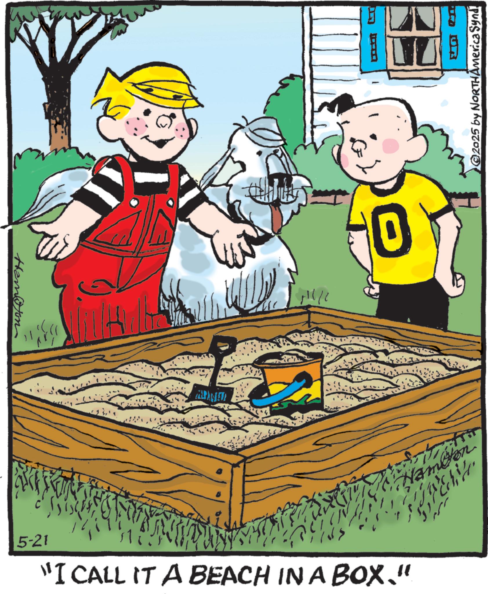 Toddler OCR: Hemoton ALFAMET ? HO 0 +4 @2025 by NORTH America Synd5-21 "I CALL IT A BEACH IN A BOX." ? Hemoton ALFAMET ? HO 0 +4 @ 2025 by NORTH America Synd5-21 " I CALL IT A BEACH IN A BOX . " ?