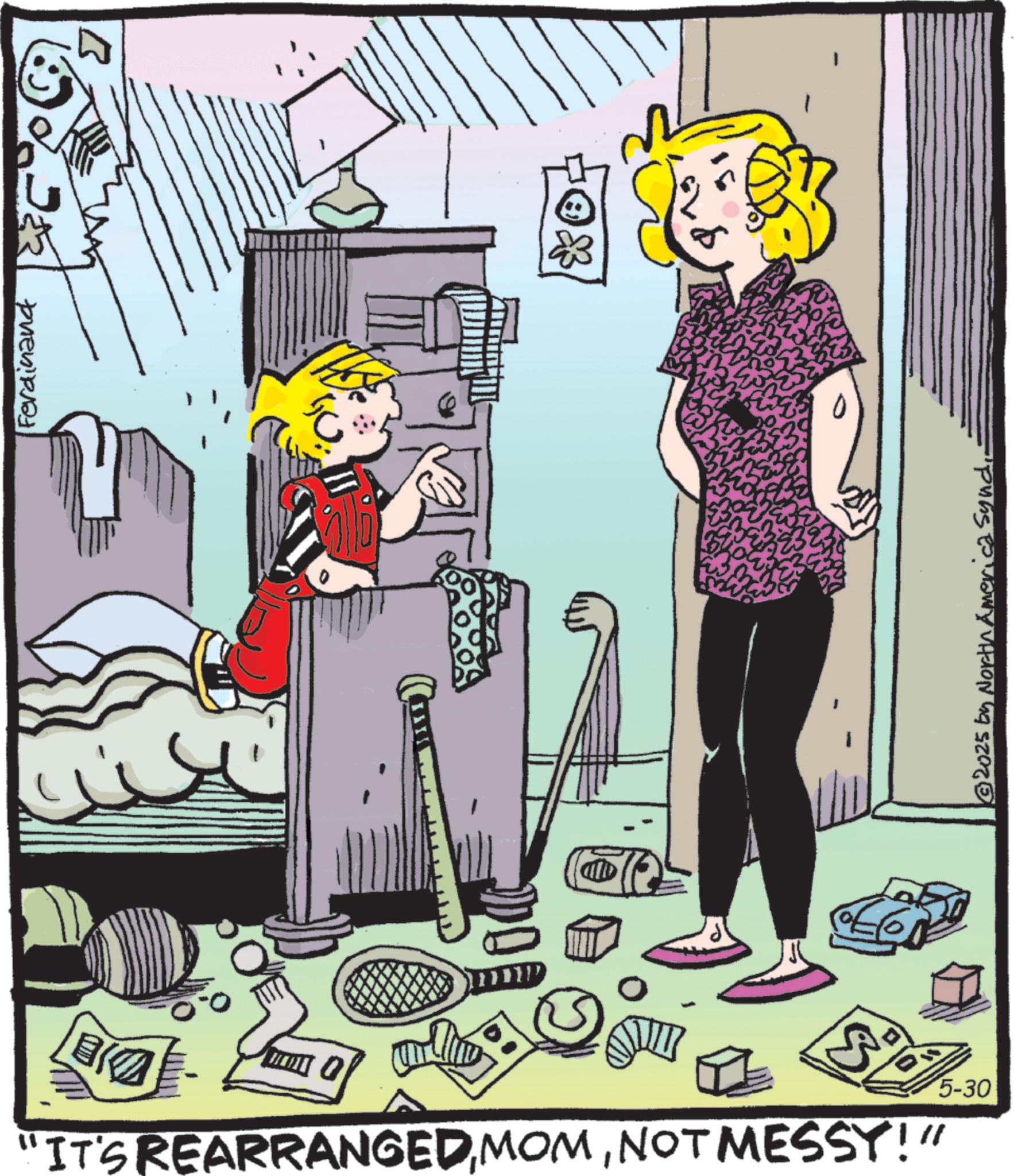 Animated cartoon OCR: DB ??? Ferdinand B "IT'S REARRANGED MOMNOT MESSY!" 197 5-30 2025 by North America Sy 1 DB ??? Ferdinand B " IT'S REARRANGED MOMNOT MESSY ! " 197 5-30 2025 by North America Sy 1