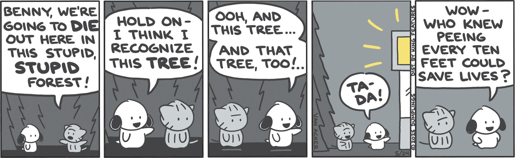 Graphics OCR: BENNYWE'RE GOING TO DIE OUT HERE IN THIS STUPIDSTUPID FOREST! HOLD ON- I THINK I RECOGNIZE OOHAND THIS TREE... AND THAT THIS TREE! TREETOO!.. (110) VAN ACKER TA- DA! 5/24 2025 DUMPLINGS DIST. BY KING FEATURES WOW- WHO KNEW PEEING EVERY TEN FEET COULD SAVE LIVES? BENNYWE'RE GOING TO DIE OUT HERE IN THIS STUPIDSTUPID FOREST ! HOLD ON- I THINK I RECOGNIZE OOHAND THIS TREE ... AND THAT THIS TREE ! TREETOO ! .. ( 110 ) VAN ACKER TA- DA ! 5/24 2025 DUMPLINGS DIST . BY KING FEATURES WOW- WHO KNEW PEEING EVERY TEN FEET COULD SAVE LIVES ?