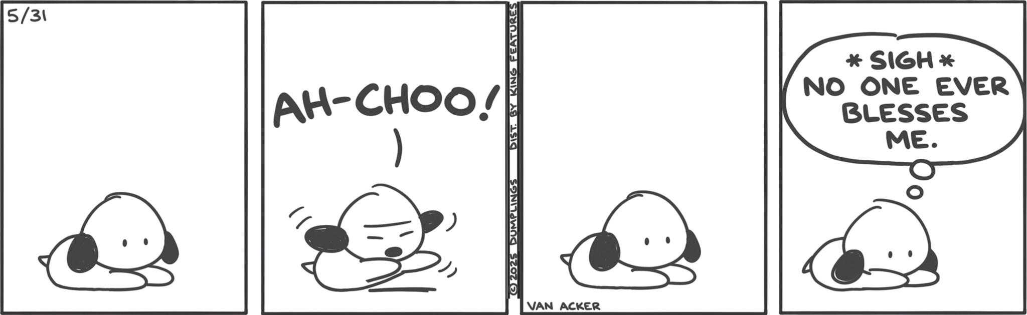 Animated cartoon OCR: 5/31 AH-CHOO! ©2025 DUMPLINGS DIST. BY KING FEATURES VAN ACKER *SIGH* NO ONE EVER BLESSES ME. 5/31 AH - CHOO ! © 2025 DUMPLINGS DIST . BY KING FEATURES VAN ACKER * SIGH * NO ONE EVER BLESSES ME .