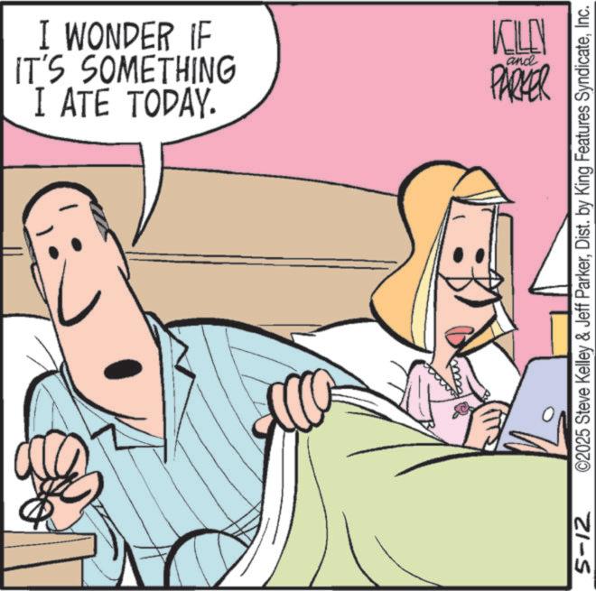 Animated cartoon OCR: I ATE TODAY. IT'S SOMETHING I WONDER IF NTY and PARKER 5-12 ©2025 Steve Kelley & Jeff ParkerInc. I ATE TODAY . IT'S SOMETHING I WONDER IF NTY and PARKER 5-12 © 2025 Steve Kelley & Jeff ParkerDist . by King Features Syndicate
