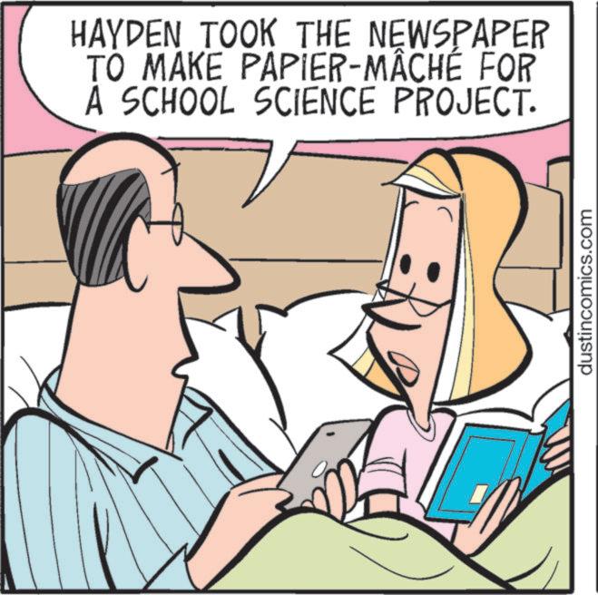 Animated cartoon OCR: HAYDEN TOOK THE NEWSPAPER TO MAKE PAPIER-MÂCHÉ FOR A SCHOOL SCIENCE PROJECT. dustincomics.com HAYDEN TOOK THE NEWSPAPER TO MAKE PAPIER - MÂCHÉ FOR A SCHOOL SCIENCE PROJECT . dustincomics.com