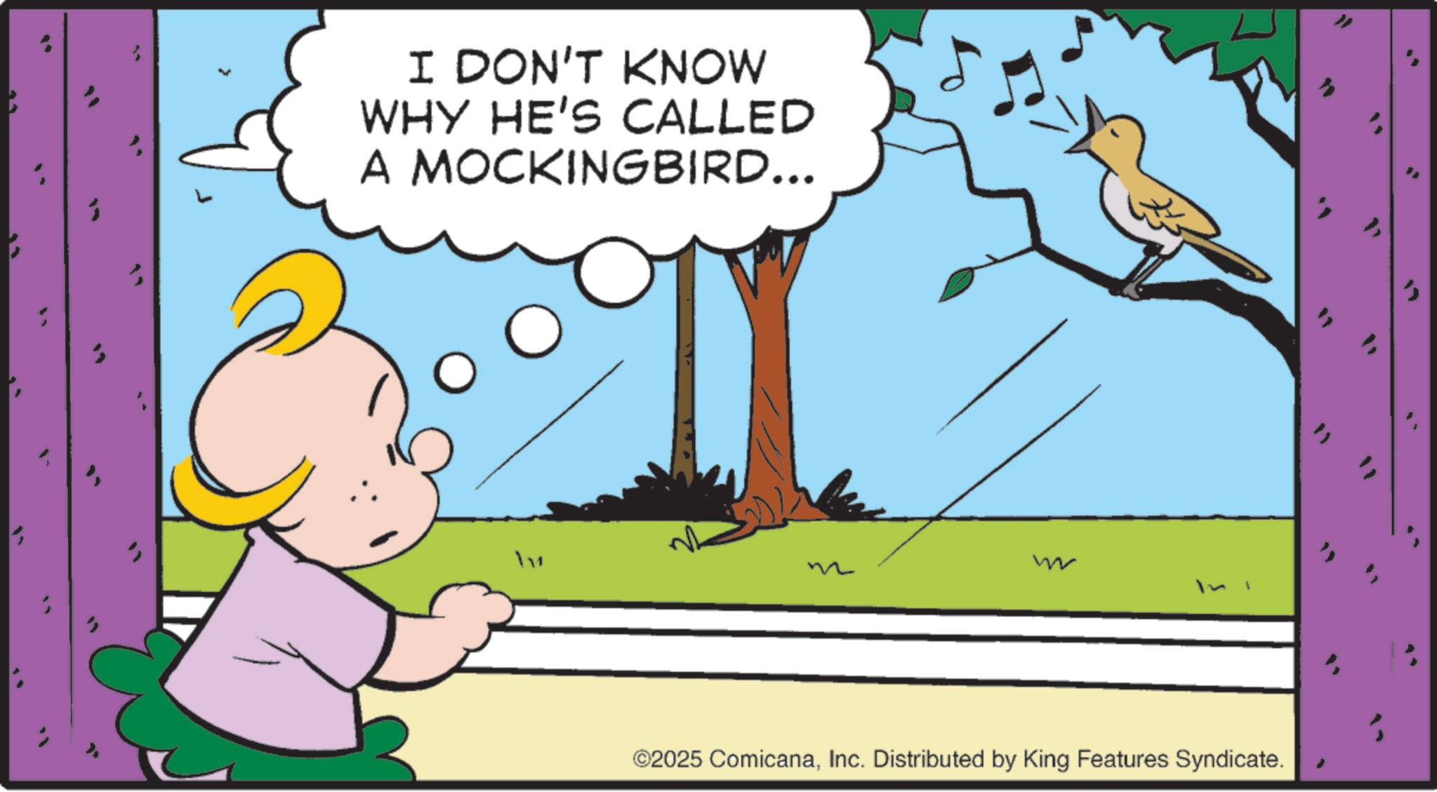 Graphics OCR: I DON'T KNOW WHY HE'S CALLED A MOCKINGBIRD... lv w m ©2025 ComicanaInc. Distributed by King Features Syndicate. I DON'T KNOW WHY HE'S CALLED A MOCKINGBIRD ... lv w m © 2025 ComicanaInc. Distributed by King Features Syndicate .