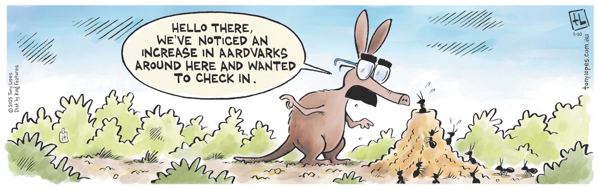 Marsupial OCR: 2025 Tony Lopes Dist. by King Features Wh HELLO THEREWE'VE NOTICED AN INCREASE IN AARDVARKS AROUND HERE AND WANTED TO CHECK IN. ?? 5-30 tonylopes.com.au 2025 Tony Lopes Dist . by King Features Wh HELLO THEREWE'VE NOTICED AN INCREASE IN AARDVARKS AROUND HERE AND WANTED TO CHECK IN . ?? 5-30 tonylopes.com.au