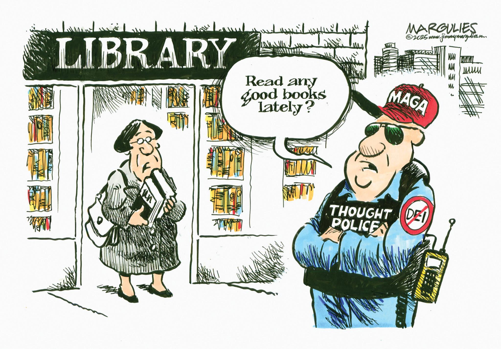 Animated cartoon OCR: LIBRARY Read any good books lately? ???? MARGULIES 2025 www. w.jimmymargulie.m MAGA THOUGHT DE POLICE MW wwwwww LIBRARY Read any good books lately ? ???? MARGULIES 2025 www . w.jimmymargulie.m MAGA THOUGHT DE POLICE MW wwwwww