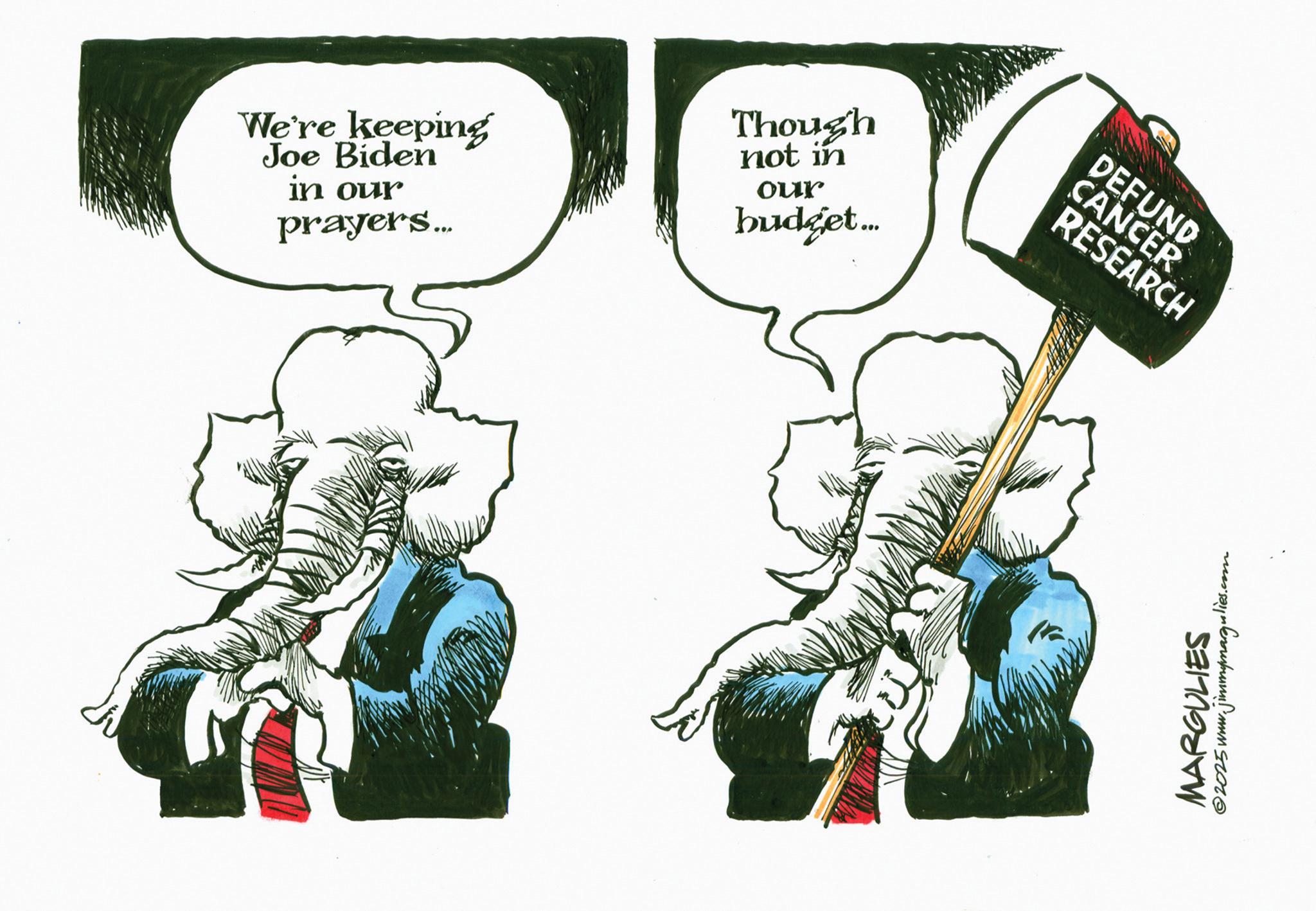 Animated cartoon OCR: We're keeping Joe Biden in our prayers... Though not in our budget.... DEFUND CANCER RESEARCH MARGULIES jimmymargulies.com. 2025 www.jin We're keeping Joe Biden in our prayers ... Though not in our budget .... DEFUND CANCER RESEARCH MARGULIES jimmymargulies.com . 2025 www.jin