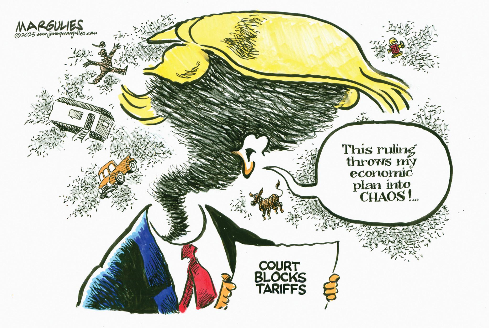 Animated cartoon OCR: MARGULIES can 2025 www.jimmymargulies.co COURT BLOCKS TARIFFS This ruling throws my economic plan into CHAOS!... MARGULIES can 2025 www.jimmymargulies.co COURT BLOCKS TARIFFS This ruling throws my economic plan into CHAOS ! ...