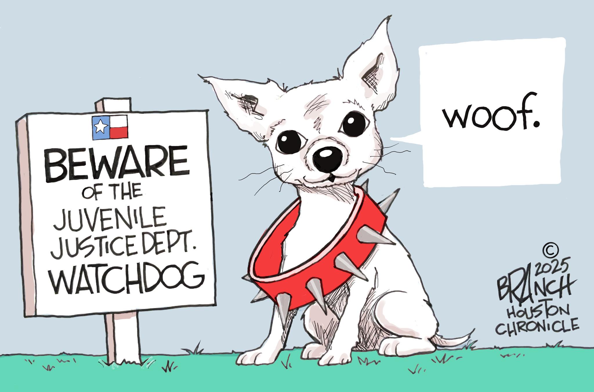 Animation OCR: BEWARE OF THE JUVENILE JUSTICE DEPT. WATCHDOG N woof. w. © 2025 BRANCH HOUSTON CHRONICLE BEWARE OF THE JUVENILE JUSTICE DEPT . WATCHDOG N woof . w . © 2025 BRANCH HOUSTON CHRONICLE