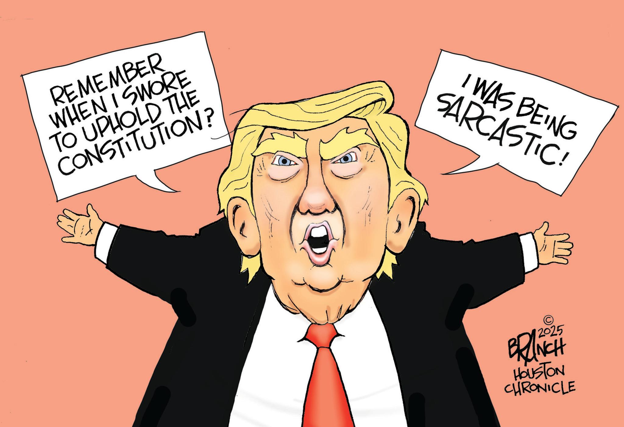 Animated cartoon OCR: REMEMBER WHEN I SWORE TO UPHOLD THE CONSTITUTION? I WAS BEING SARCASTIC! 12025 BRANCH HOUSTON CHRONICLE REMEMBER WHEN I SWORE TO UPHOLD THE CONSTITUTION ? I WAS BEING SARCASTIC ! 12025 BRANCH HOUSTON CHRONICLE