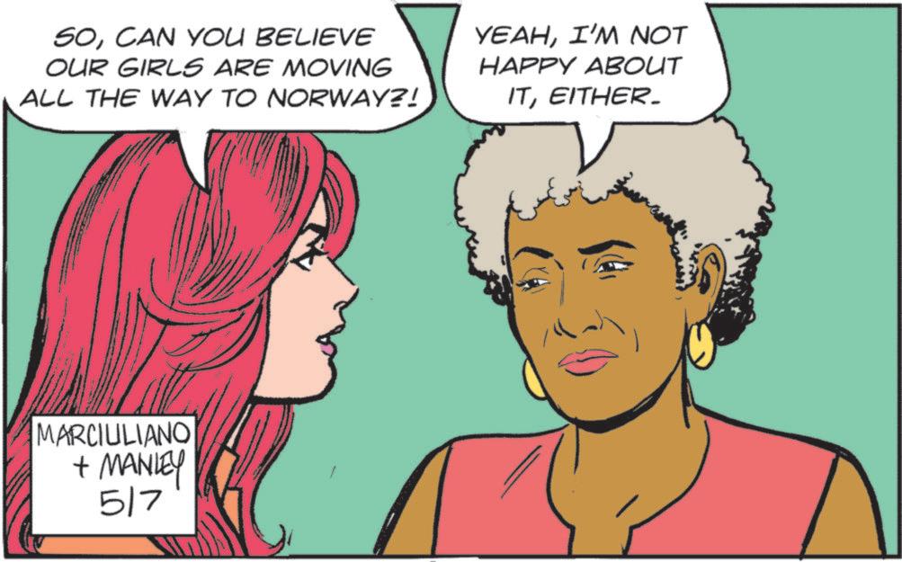 Comic book OCR: SOCAN YOU BELIEVE OUR GIRLS ARE MOVING ALL THE WAY TO NORWAY?! YEAHI'M NOT HAPPY ABOUT ITEITHER. MARCIULIANO + MANLEY 517 SOCAN YOU BELIEVE OUR GIRLS ARE MOVING ALL THE WAY TO NORWAY ?! YEAHI'M NOT HAPPY ABOUT ITEITHER . MARCIULIANO + MANLEY 517