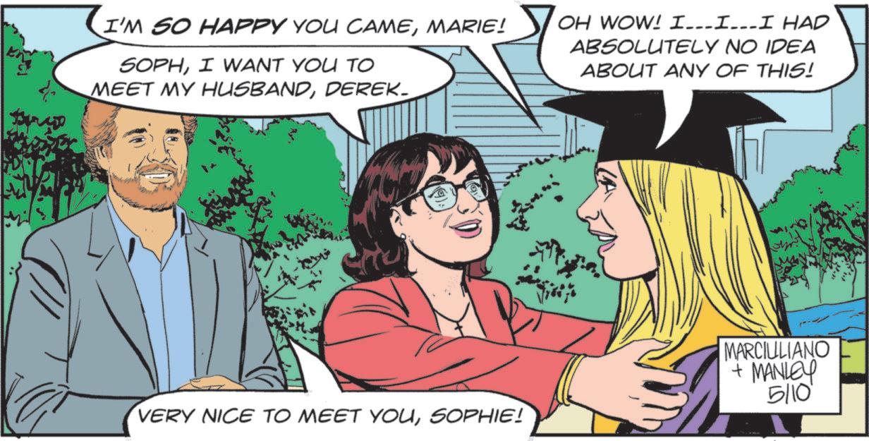 Pleased OCR: I'M SO HAPPY YOU CAMEMARIE! SOPHI WANT YOU TO MEET MY HUSBANDDEREK. OH WOW! III HAD ABSOLUTELY NO IDEA ABOUT ANY OF THIS! VERY NICE TO MEET YOUSOPHIE! MARCIULIANO + MANLEY 5/10' I'M SO HAPPY YOU CAMEMARIE ! SOPHI WANT YOU TO MEET MY HUSBANDDEREK . OH WOW ! III HAD ABSOLUTELY NO IDEA ABOUT ANY OF THIS ! VERY NICE TO MEET YOUSOPHIE ! MARCIULIANO + MANLEY 5/10 '