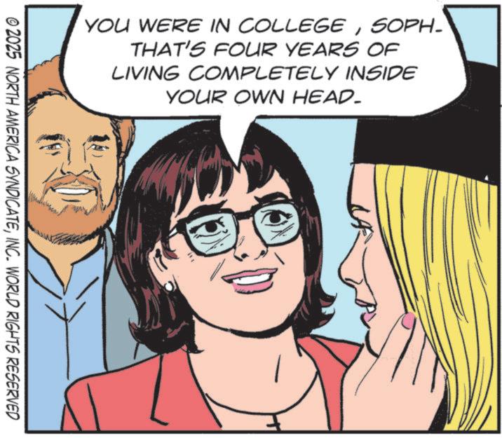 Animation OCR: YOU WERE IN COLLEGESOPH- THAT'S FOUR YEARS OF LIVING COMPLETELY INSIDE YOUR OWN HEAD- © 2025 NORTH AMERICA SYNDICATEINC. WORLD RIGHTS RESERVED YOU WERE IN COLLEGESOPH- THAT'S FOUR YEARS OF LIVING COMPLETELY INSIDE YOUR OWN HEAD- © 2025 NORTH AMERICA SYNDICATEINC . WORLD RIGHTS RESERVED