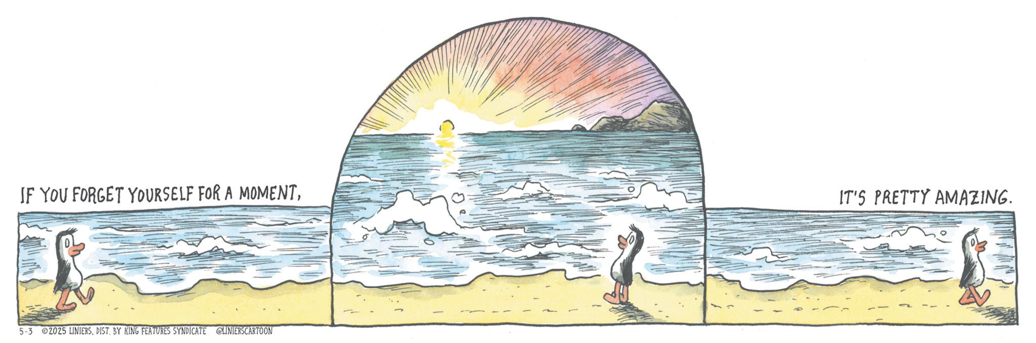 Beach OCR: IF YOU FORGET YOURSELF FOR A MOMENTIT'S PRETTY AMAZING. 5-3 2025 LINIERSDIST. BY KING FEATURES SYNDICATE @LINIERSCARTOON IF YOU FORGET YOURSELF FOR A MOMENTIT'S PRETTY AMAZING . 5-3 2025 LINIERSDIST . BY KING FEATURES SYNDICATE @LINIERSCARTOON