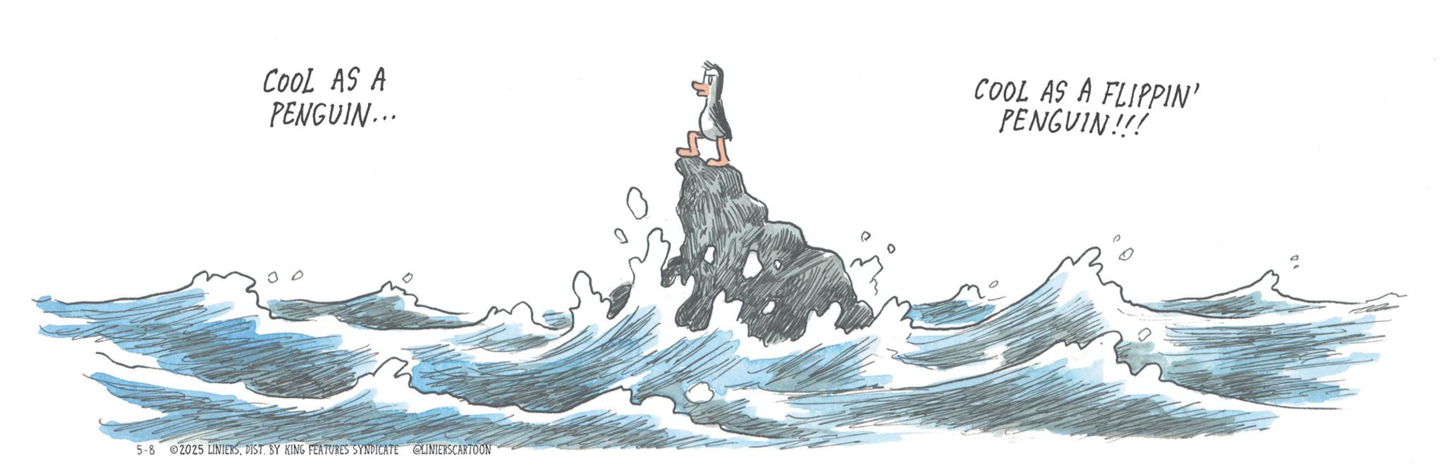 Animation OCR: COOL AS A PENGUIN... COOL AS A FLIPPIN' PENGUIN!!! 5-8 2025 LINIERSDIST. BY KING FEATURES SYNDICATE @LINIERSCARTOON COOL AS A PENGUIN ... COOL AS A FLIPPIN ' PENGUIN !!! 5-8 2025 LINIERSDIST . BY KING FEATURES SYNDICATE @LINIERSCARTOON
