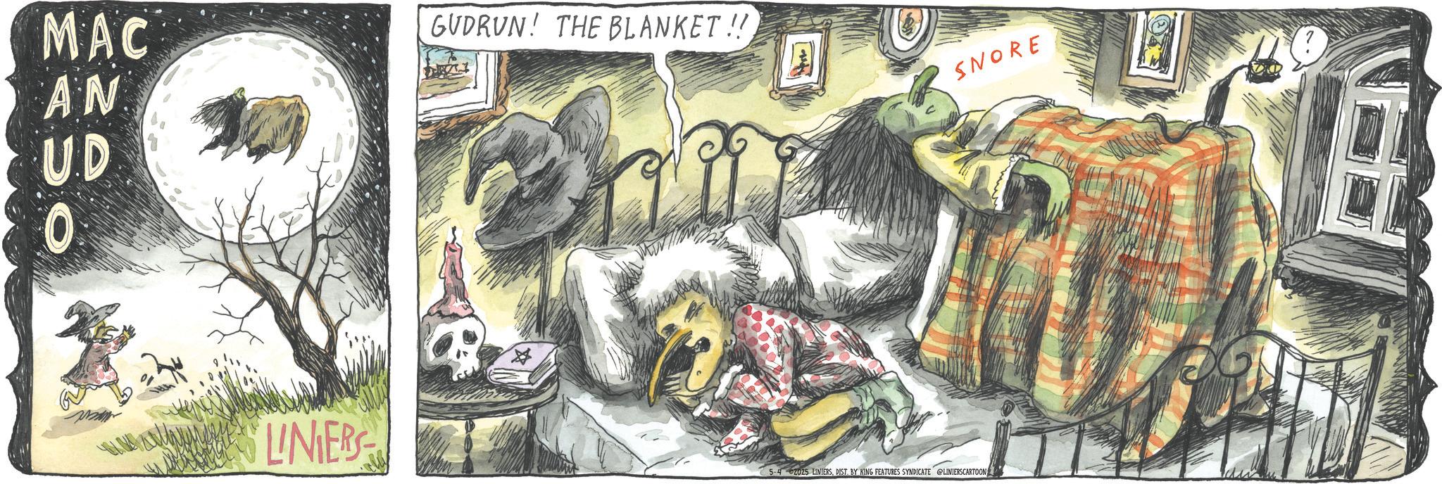 Animated cartoon OCR: MAC AN UD 0 GUDRUN! THE BLANKET !! LINIERS 5-4 2025 LINIERSDIST. BY KING FEATURES SYNDICATE @LINIERSCARTOON SNORE MAC AN UD 0 GUDRUN ! THE BLANKET !! LINIERS 5-4 2025 LINIERSDIST . BY KING FEATURES SYNDICATE @LINIERSCARTOON SNORE