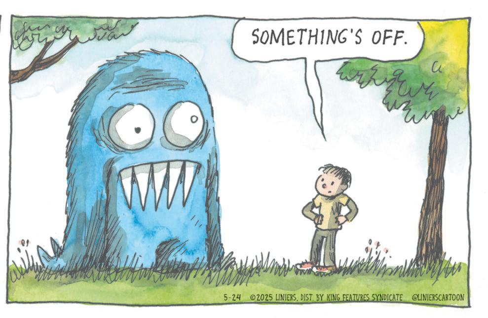 Fictional character OCR: SOMETHING'S OFF. J ???? 5-24 ©2025 LINIERSDIST. BY KING FEATURES SYNDICATE @LINIERSCARTOON SOMETHING'S OFF . J ???? 5-24 © 2025 LINIERSDIST . BY KING FEATURES SYNDICATE @LINIERSCARTOON