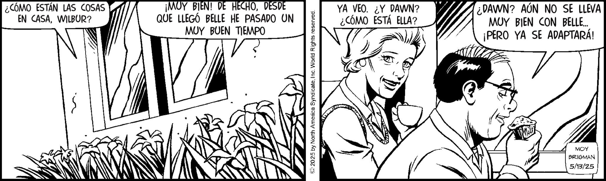 Comic book OCR: ¿CÓMO ESTÁN LAS COSAS EN CASAWILBUR? ¡MUY BIEN! DE HECHODESDE QUE LLEGÓ BELLE HE PASADO UN MUY BUEN TIEMPO 2025 by North America SyndicateInc. World Rights reserved. YA VEO. ¿Y DAWN? ¿CÓMO ESTÁ ELLA? ¿DAWN? AÚN NO SE LLEVA MUY BIEN CON BELLE... ¡PERO YA SE ADAPTARÁ! MOY BRIGMAN 5/13/25 ¿ CÓMO ESTÁN LAS COSAS EN CASAWILBUR ? ¡ MUY BIEN ! DE HECHODESDE QUE LLEGÓ BELLE HE PASADO UN MUY BUEN TIEMPO 2025 by North America SyndicateInc. World Rights reserved . YA VEO . ¿ Y DAWN ? ¿ CÓMO ESTÁ ELLA ? ¿ DAWN ? AÚN NO SE LLEVA MUY BIEN CON BELLE ... ¡ PERO YA SE ADAPTARÁ ! MOY BRIGMAN 5/13/25