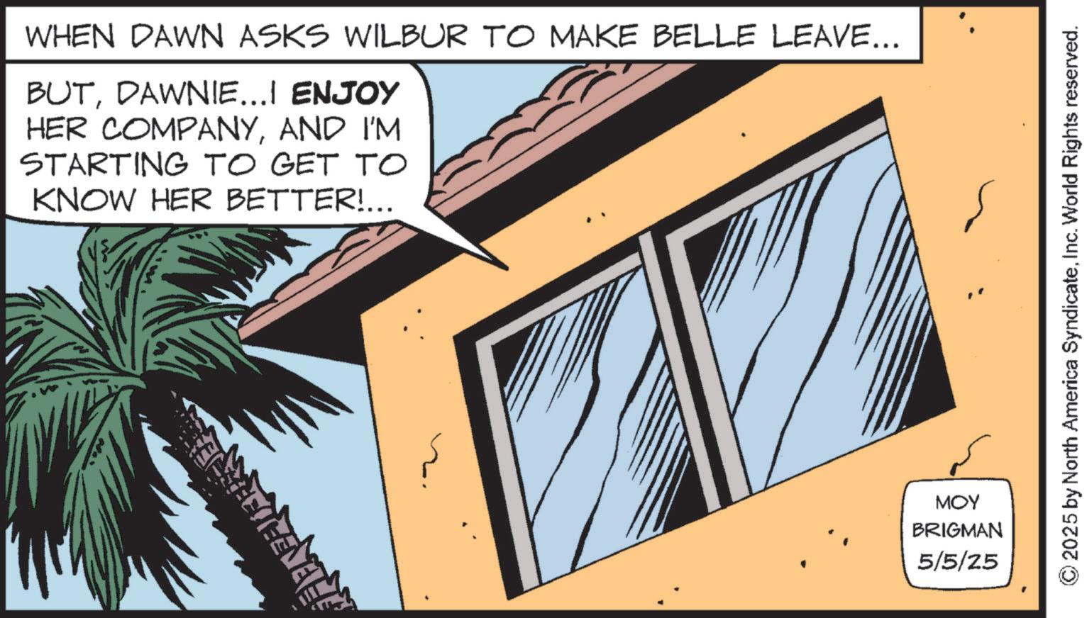 Fictional character OCR: WHEN DAWN ASKS WILBUR TO MAKE BELLE LEAVE... BUTDAWNIE...I ENJOY HER COMPANYAND I'M STARTING TO GET TO KNOW HER BETTER!... MOY BRIGMAN 5/5/25 2025 by North America SyndicateInc. World Rights reserved. WHEN DAWN ASKS WILBUR TO MAKE BELLE LEAVE ... BUTDAWNIE ... I ENJOY HER COMPANYAND I'M STARTING TO GET TO KNOW HER BETTER ! ... MOY BRIGMAN 5/5/25 2025 by North America SyndicateInc. World Rights reserved .