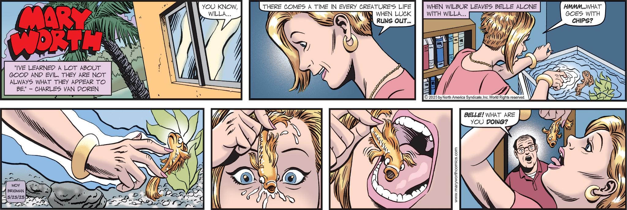 Publication OCR: ??? BRIGMAN 5/25/25 MARY WORTH "I'VE LEARNED A LOT ABOUT GOOD AND EVIL. THEY ARE NOT ALWAYS WHAT THEY APPEAR TO BE" CHARLES VAN DOREN YOU KNOWWILLA... THERE COMES A TIME IN EVERY CREATURE'S LIFE WHEN LUCK RUNS OUT... WHEN WILBUR LEAVES BELLE ALONE WITH WILLA... 2025 by North America SyndicateInc. World Rights reserved. www.maryworthcomics.com BELLE! WHAT ARE YOU DOING? HMMM...WHAT GOES WITH CHIPS? ??? BRIGMAN 5/25/25 MARY WORTH " I'VE LEARNED A LOT ABOUT GOOD AND EVIL . THEY ARE NOT ALWAYS WHAT THEY APPEAR TO BE " CHARLES VAN DOREN YOU KNOWWILLA ... THERE COMES A TIME IN EVERY CREATURE'S LIFE WHEN LUCK RUNS OUT ... WHEN WILBUR LEAVES BELLE ALONE WITH WILLA ... 2025 by North America SyndicateInc. World Rights reserved . www.maryworthcomics.com BELLE ! WHAT ARE YOU DOING ? HMMM ... WHAT GOES WITH CHIPS ?