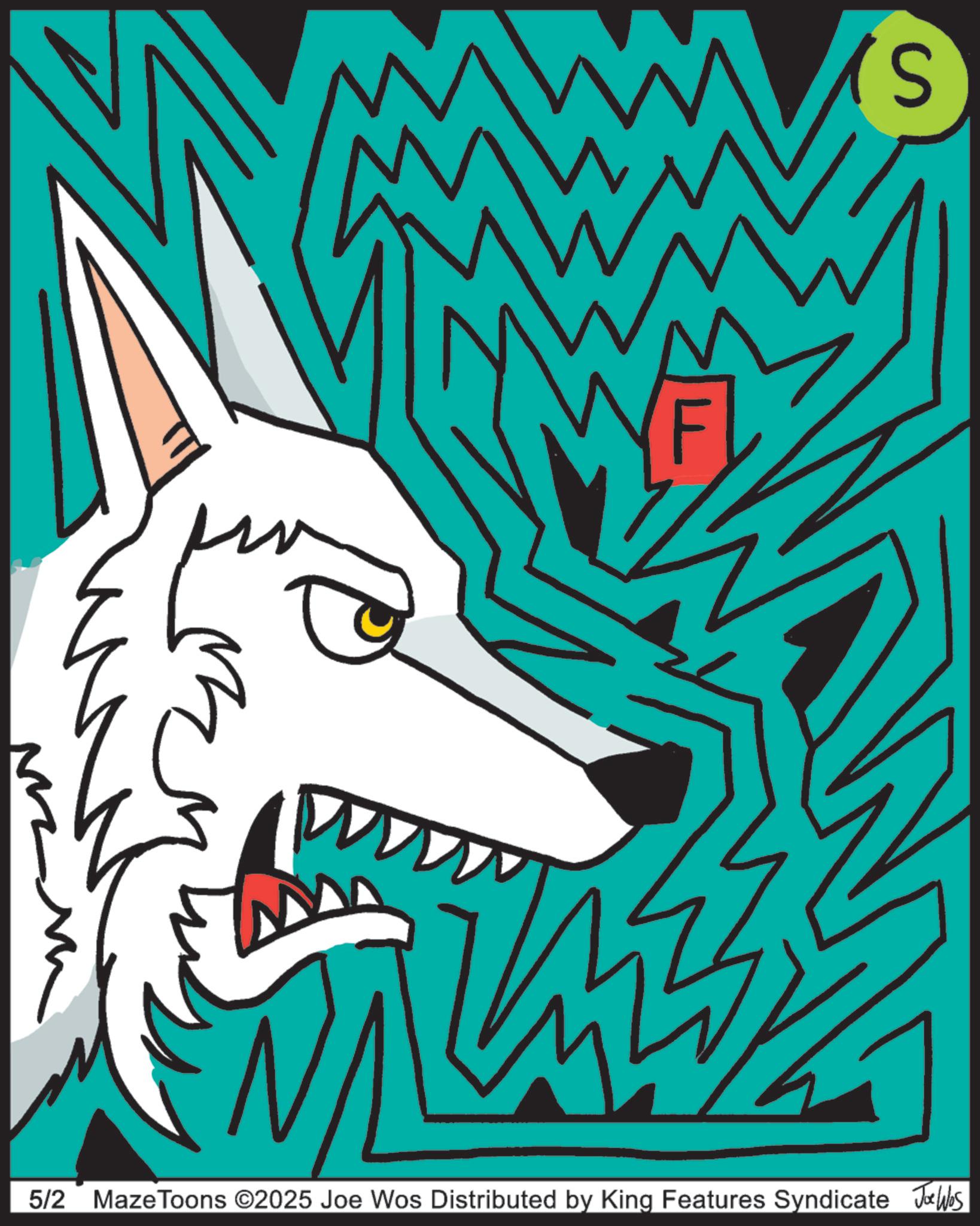 Line art OCR: N S 5/2 MazeToons ©2025 Joe Wos Distributed by King Features Syndicate Joe Was N S 5/2 MazeToons © 2025 Joe Wos Distributed by King Features Syndicate Joe Was